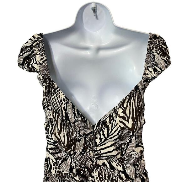 WILFRED Aritzia Veda Ruched Mini Dress Animal Print Black Cream Sz 2 Sexy VNeck - Picture 6 of 11